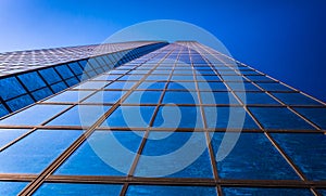 Looking up at the John Hancock Building, in Boston, Massachusetts.