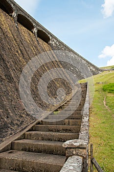 Looking up at the main dam in the Elan valley of Wales.