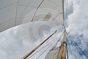 Looking up the mast of a gaff rigged sailing yacht