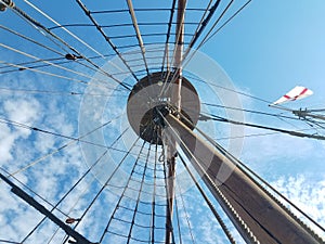 looking up at the mast and rigging on a boat