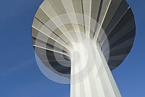 Looking up at modern mushroom shaped water tower Svampen