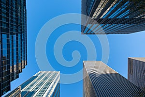 Looking up at Modern Skyscrapers in the Midtown Manhattan area of New York City