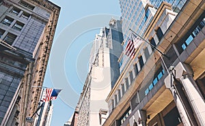 Looking up at New York buildings, color toned picture, USA