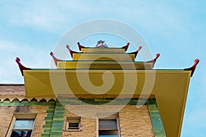 Looking up at a pagoda style building in Chinatown San Francisco