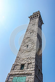 Looking up at the Pilgrim Monument in Provincetown Cape Cod that commemorates the Mayflower Pilgrims first landing in the New photo