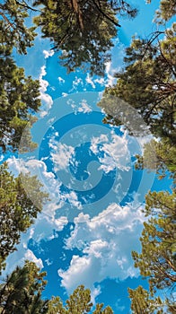 Looking up at pine trees and blue sky with white clouds, vertical shot. Nature and tranquility concept