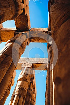 Looking up in a random temple in luxor egypt, looking at the amazingly huge old ancient pillars of ancient egypt