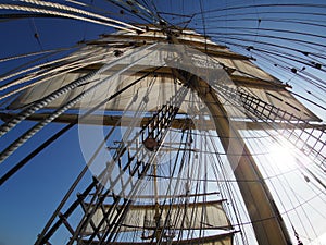 Looking up at the sails of a traditional tallship