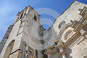 Looking up at Saint Saviour Church which is a Catholic church in the old town of La Rochelle, Charente Maritime, France