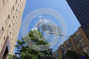 Looking up at the skyscrapers on Fayetteville Street in Raleigh, NC