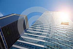 Looking up at skyscrapers in New York City