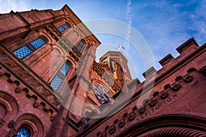 Looking up at the Smithsonian Castle, in Washington, DC.