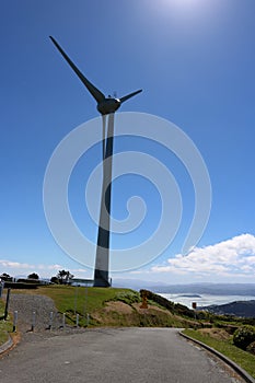 Large wind turbine on hill above Wellington NZ