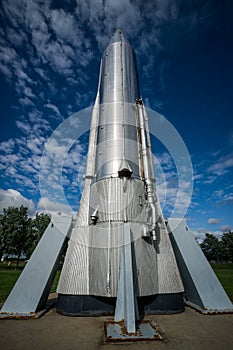 Looking up at Tall, Steel Atlas Moon Rocket
