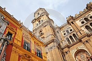 Looking up to the clock tower of the cathedral from the street level. Beautiful architecture & a historic monument, Malaga