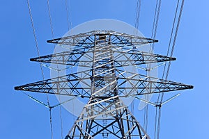 Looking up at the top of an electrical transmission tower