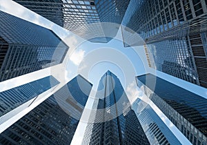 Looking up at towering skyscrapers against a bright blue sky