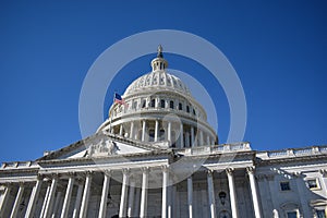 Looking Up at the U.S. Capitol Building from the Stairs on the East Side on a Bright, Clear Day in Autumn