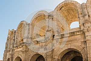 Looking upwards at  the Roman amphitheatre in Arles, France
