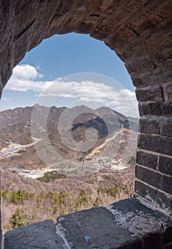Looking through watchtower opening of Great Wall of China
