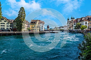 Looking west crossing the bridge in Old Town Lucerne