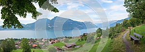 lookout place Buel with bench, hiking destination Krattigen, lake Thunersee, switzerland