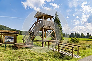 Lookout tower installation in mountain valley. Slovakia