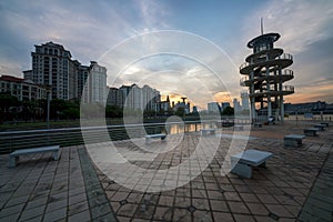 The lookout tower at Tanjong Rhu housing district in Singapore at sunset. Cozy Bay at kallang basin. photo