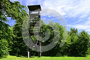 Lookout wooden tower for tourists in Beskidy mountains.