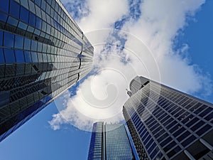 Lookup view of variety of corporates business high-rise skyscrapers buildings with blue bright sky in central business district