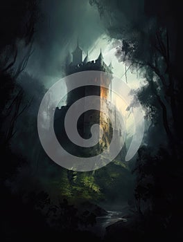 looming castle shrouded in an air of mystery its tower surrounded by a dark and foreboding forest. Gothic art. AI