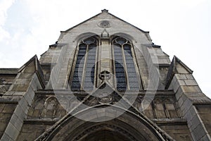 Looming church tower doorway