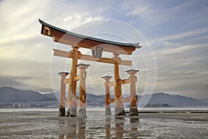 Looming vermilion tori (Shinto gate)Miyajima Island, Japan