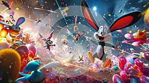 Looney Tunes characters engaged in a whimsical dance party under a cascade of shooting stars, with flawless lighting to accentuate