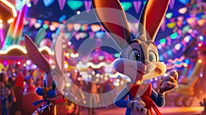 Looney Tunes characters in a surreal, moonlit carnival, emphasizing the vibrant colors and perfect lighting to showcase the