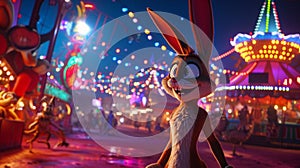 Looney Tunes characters in a surreal, moonlit carnival, emphasizing the vibrant colors and perfect lighting to showcase the