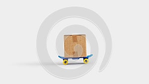 Loop of a 3D-rendered shipping package on a skateboard, a shipping services concept