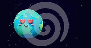 Loop animation of 3d adorable cartoon earth emoji, green planet with love eyes and happy mood in space with copy Space background