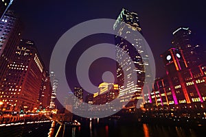 Loop business district at night, Chicago, USA