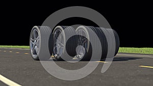 Loop car tires rolling on asphalt in the summer with alpha channel