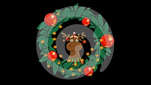 Loop. Cute dancing deer inside Christmas wreathe with red baubles and lights. Transparent background. Christmas reindeer