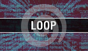 Loop with Digital java code text. Loop and Computer software coding vector concept. Programming coding script java, digital