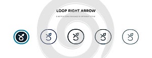 Loop right arrow icon in different style vector illustration. two colored and black loop right arrow vector icons designed in