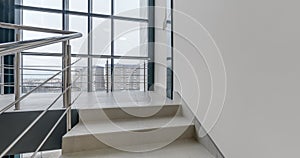 loop rotation and panoramic view in empty modern hall with columns, doors, stairs and panoramic windows overlooking the city.