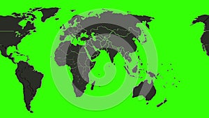 Loopable 3d animation of a black world map on green screen. Scrolling from left to right