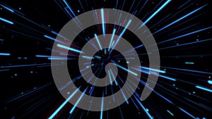 Loopable glowing light streak tunnel in blue color with small dots, stars. Abstract wormhole, hyperloop, firework background