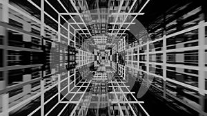 looped 3d animation, VFX black and white retro style tunnel, movement. Abstract cyclic background. Technology, VJ