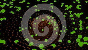Looped 3d animation, VFX green balls background, Sci-fi. Abstract cyclic background. Technology, VJ concept. Led lamp