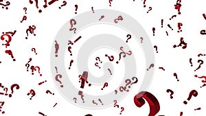 Looped animated background with chaotic spinning red 3d question marks. Seamless loop.