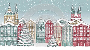 Looped animation of hand drawn snow covered houses